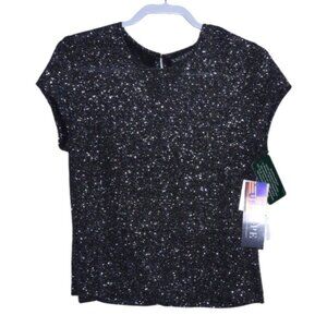 XSCAPE by Lawrence Kurtz black & silver glitter top cap sleeves Women's L, NEW